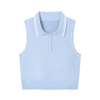 Anointed Garments light blue sleeveless polo yoga crop top with white trim and button-up collar in ribbed nylon blend.
