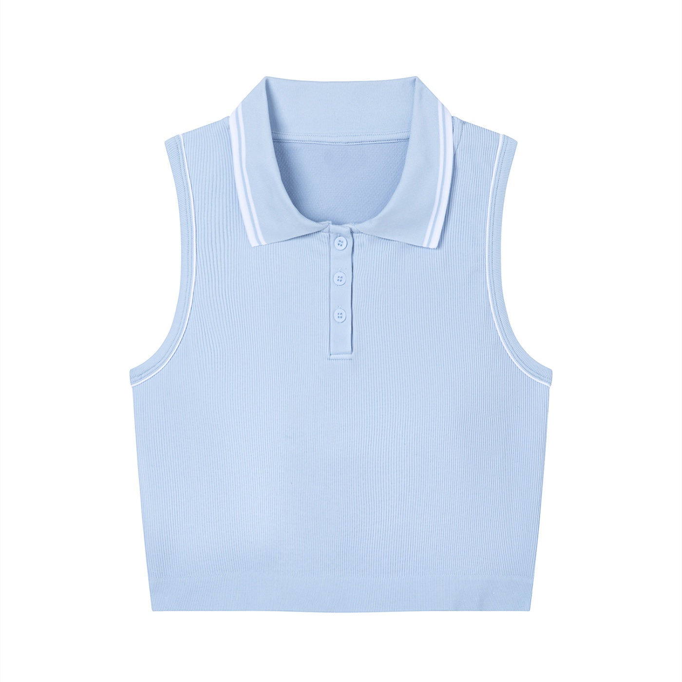 Anointed Garments light blue sleeveless polo yoga crop top with white trim and button-up collar in ribbed nylon blend.