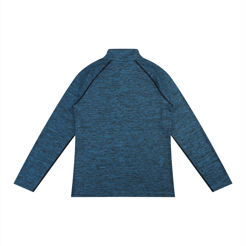 Anointed Garments blue heathered long sleeve quarter zip performance pullover with raglan sleeves and stand-up collar.