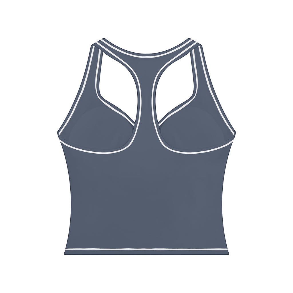 Anointed Garments blue racerback performance tank top with white contrast piping and moisture-wicking fabric.