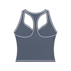 Anointed Garments blue racerback performance tank top with white contrast piping and moisture-wicking fabric.