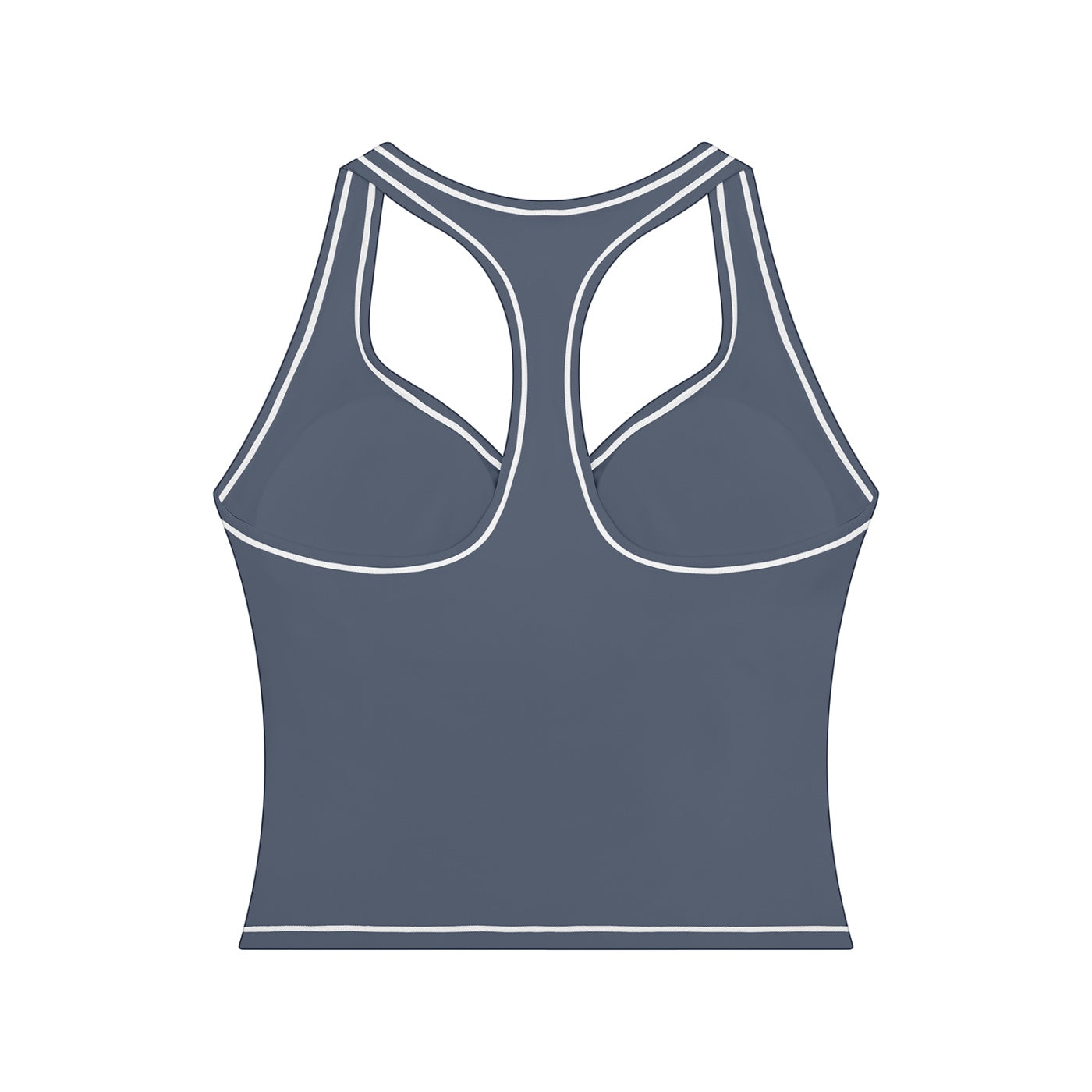 Anointed Garments blue racerback performance tank top with white contrast piping and moisture-wicking fabric.