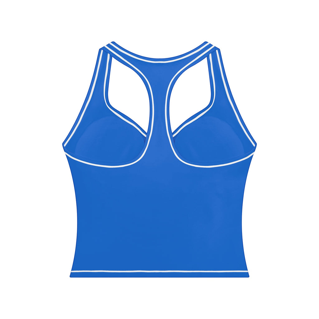 Anointed Garments blue racerback performance tank top with white contrast piping and built-in support for workouts.