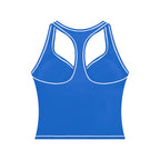 Anointed Garments blue racerback performance tank top with white contrast piping and built-in support for workouts.