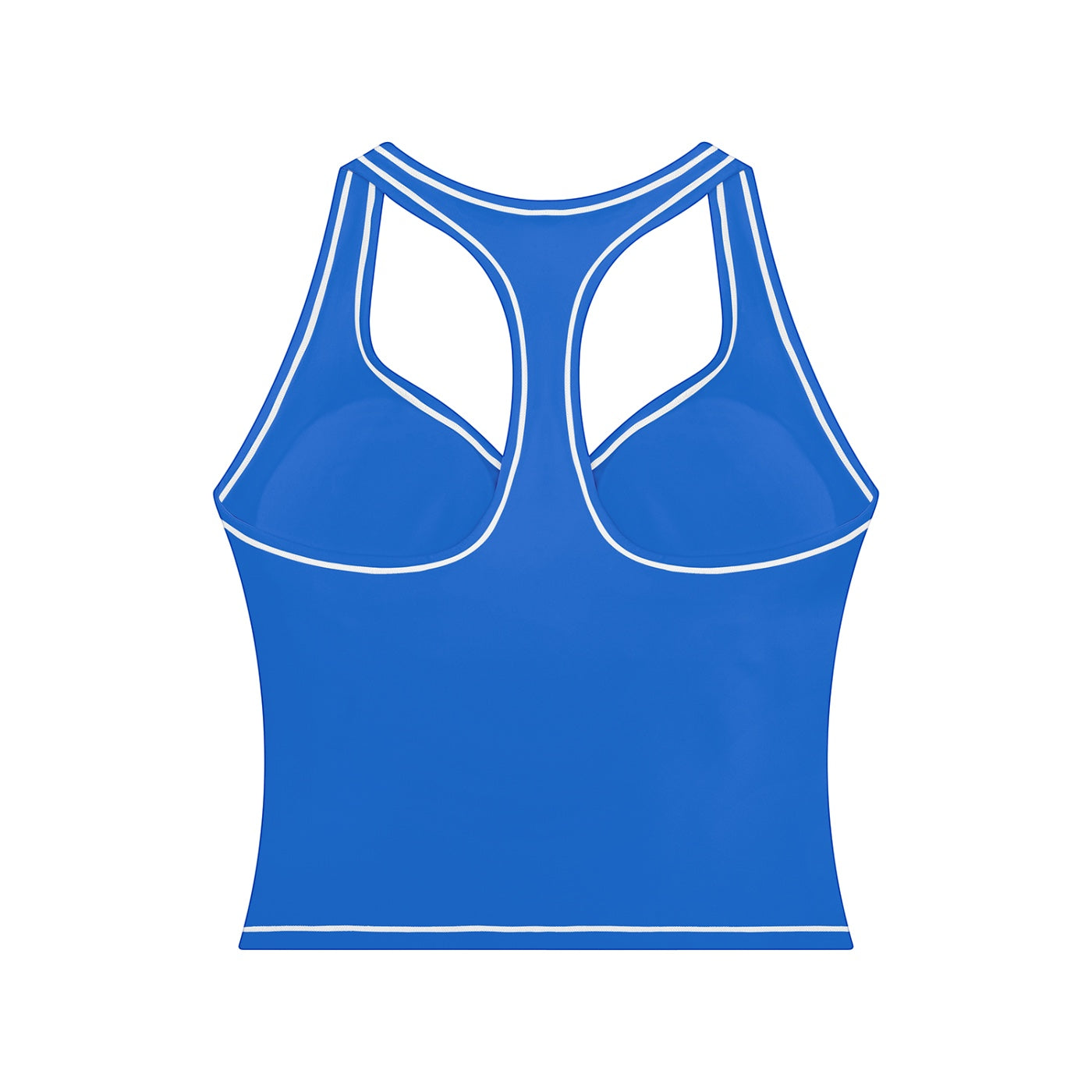 Anointed Garments blue racerback performance tank top with white contrast piping and built-in support for workouts.