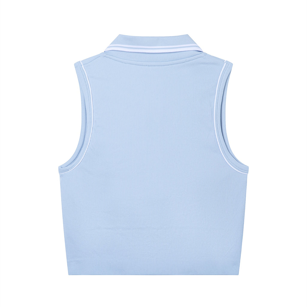 Anointed Garments light blue sleeveless ribbed polo crop top with white collar tipping, back view