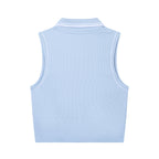 Anointed Garments light blue sleeveless ribbed polo crop top with white collar tipping, back view