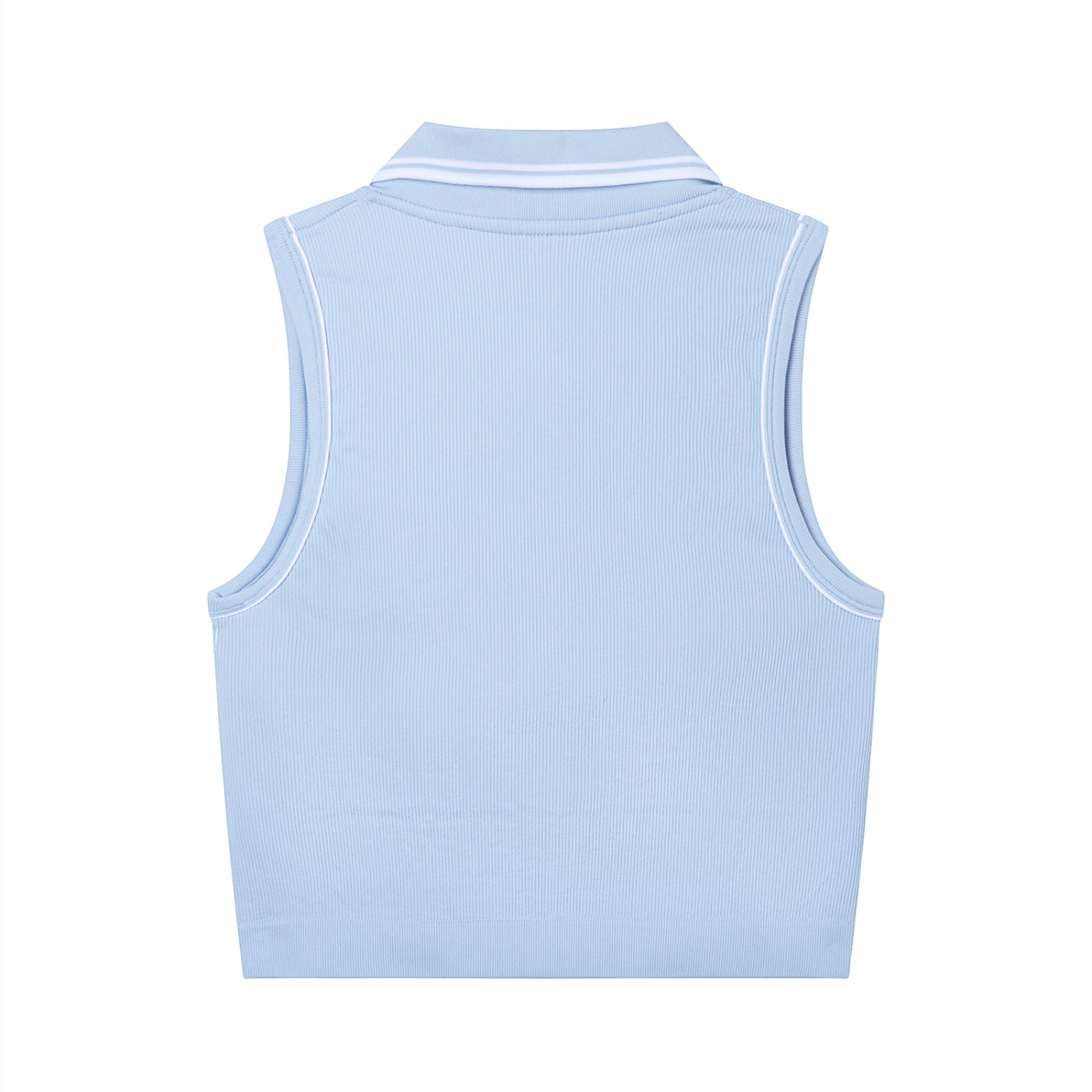 Anointed Garments light blue sleeveless ribbed polo crop top with white collar tipping, back view