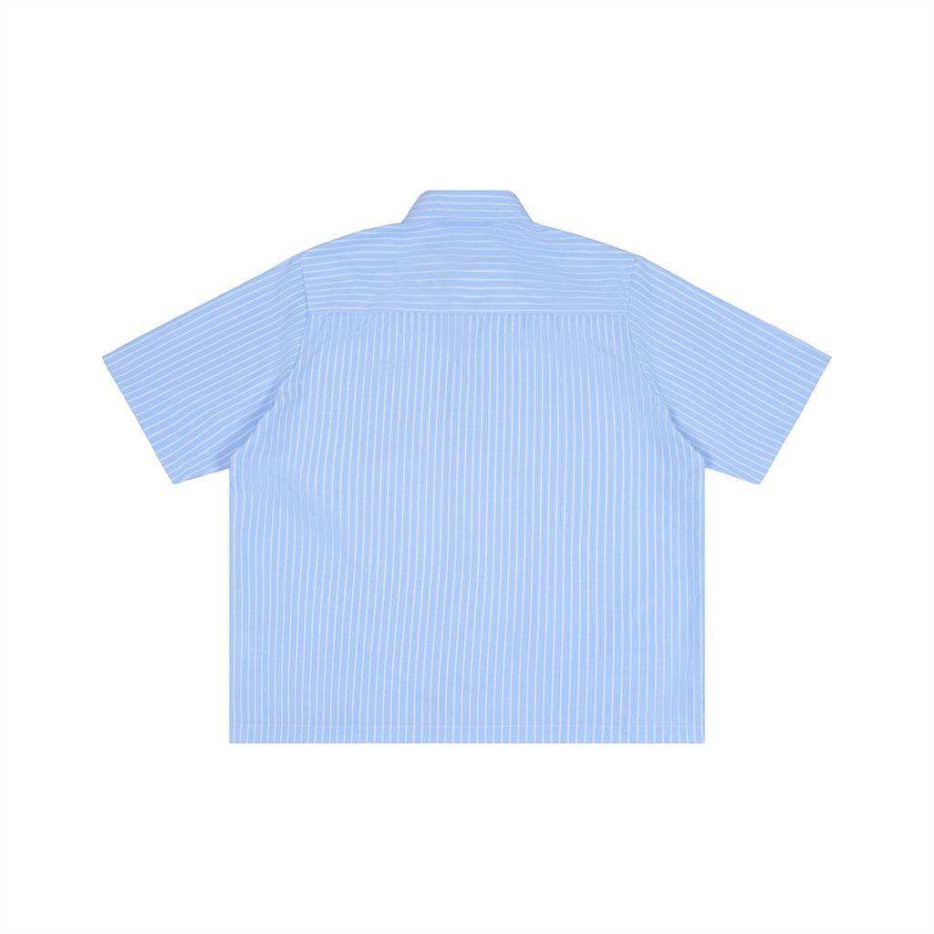 Back view of an Anointed Garments light blue striped boxy short sleeve shirt with a lapel collar.