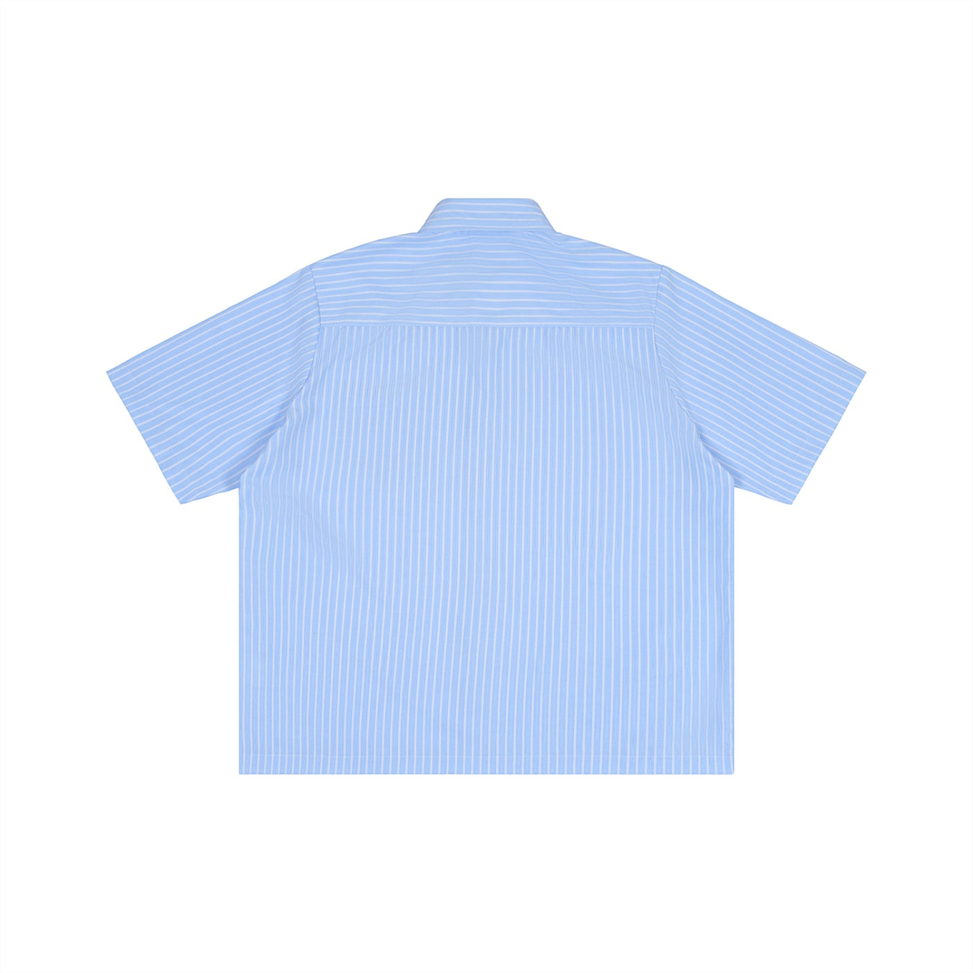 Back view of an Anointed Garments light blue striped boxy short sleeve shirt with a lapel collar.