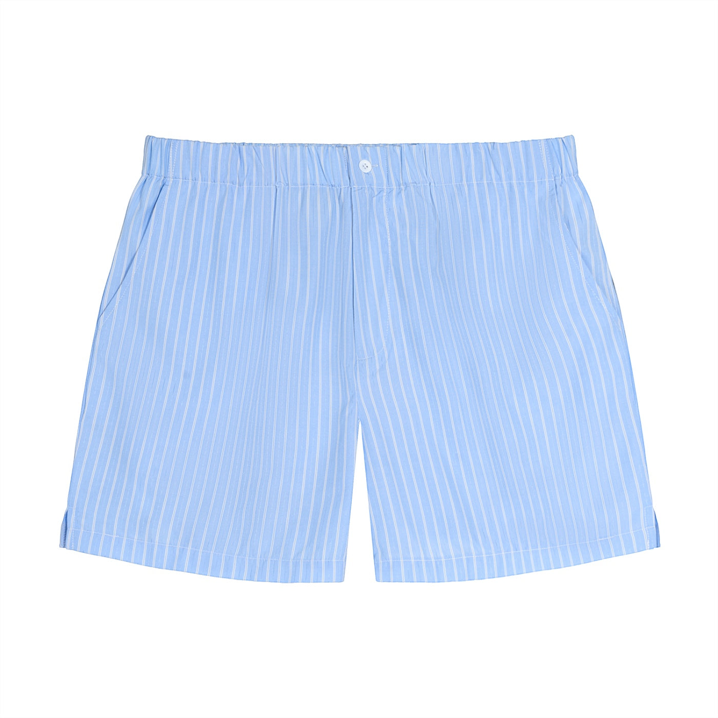 Anointed Garments light blue striped casual shorts with an elastic waistband and button detail.