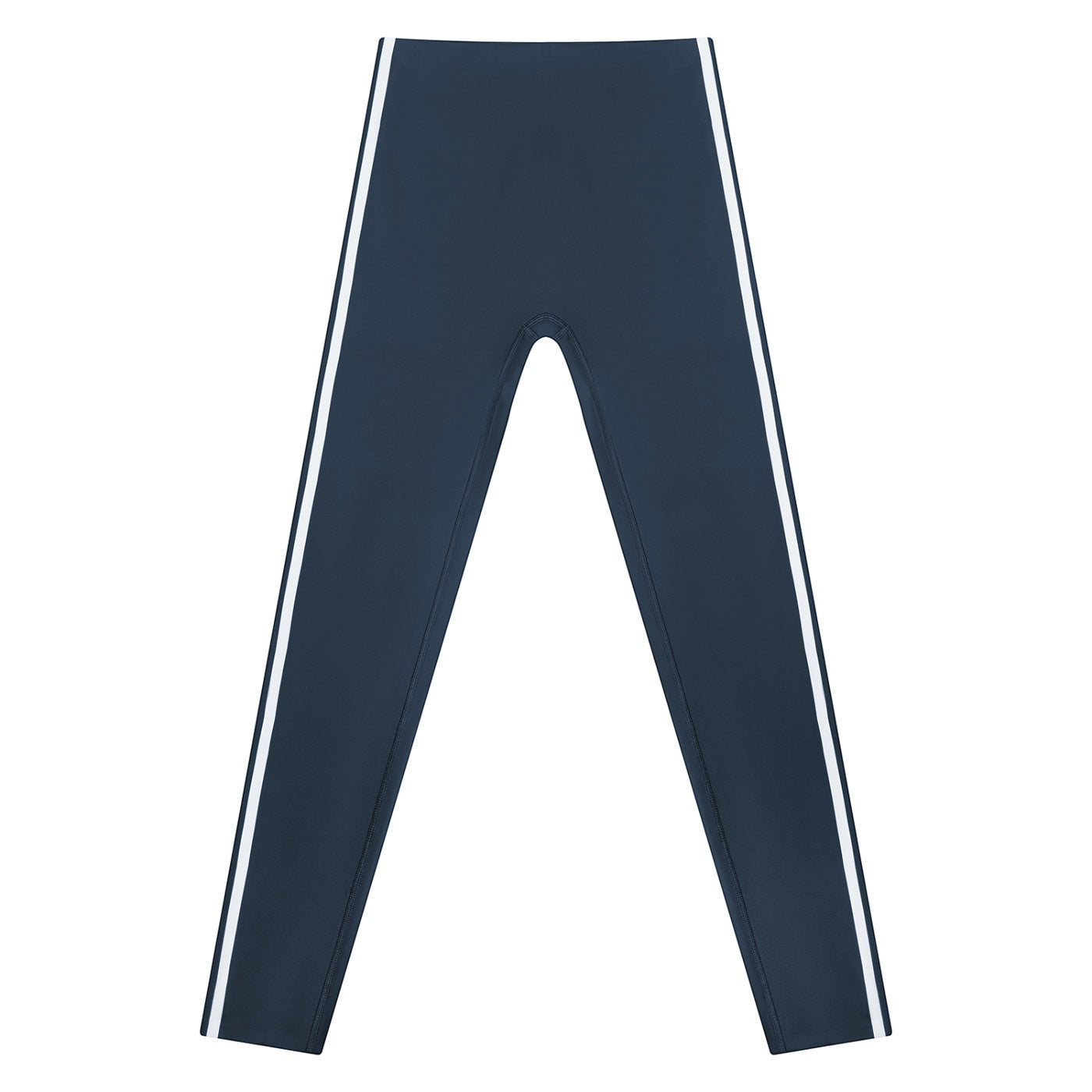 Anointed Garments high-rise ankle-length yoga leggings in dark blue with white side stripes, made of polyester blend.