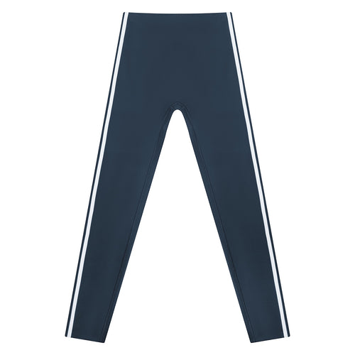 Anointed Garments high-rise ankle-length yoga leggings in dark blue with white side stripes, made of polyester blend.
