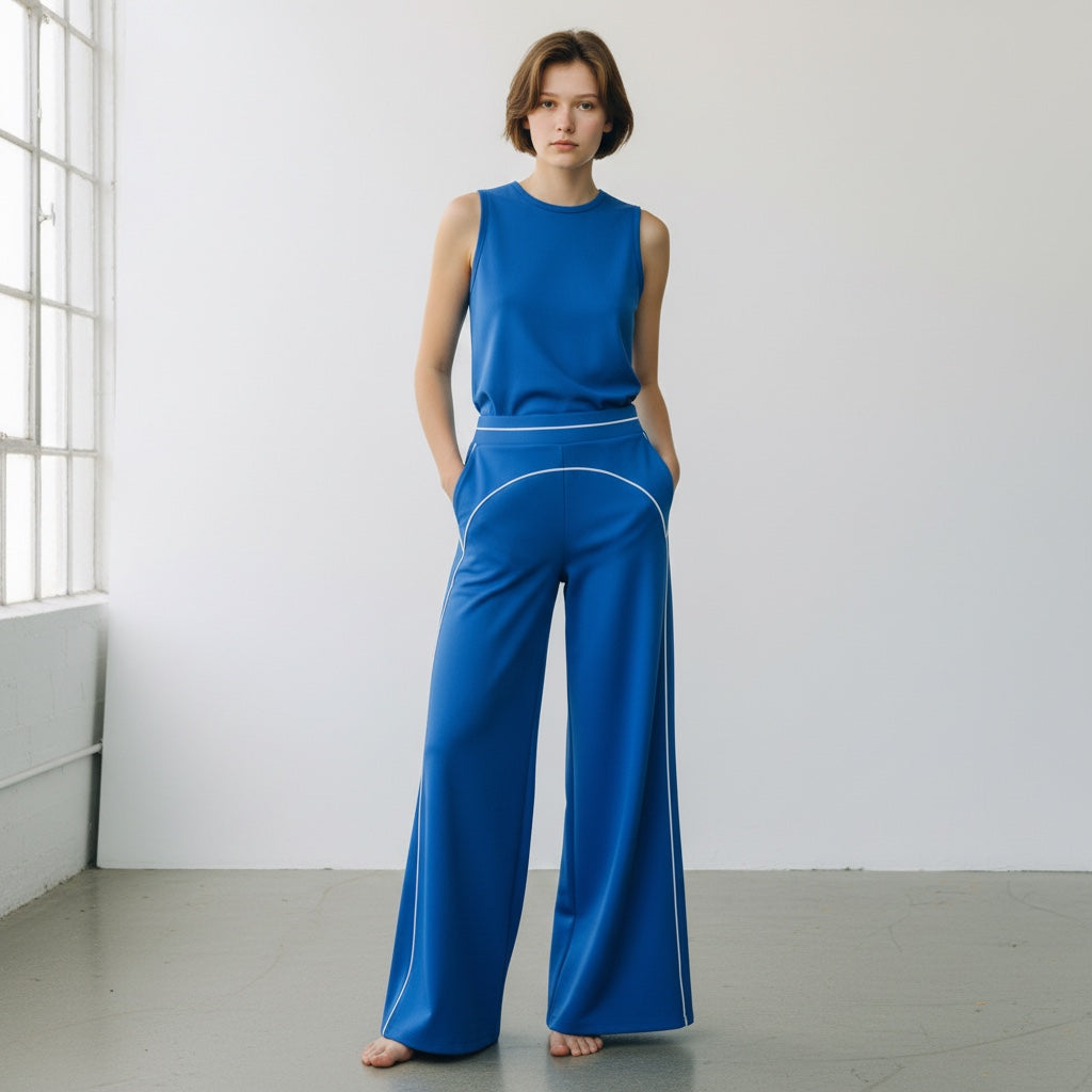 A woman wearing Anointed Garments blue high-waisted wide-leg trousers with white contrast piping and a matching tank top.