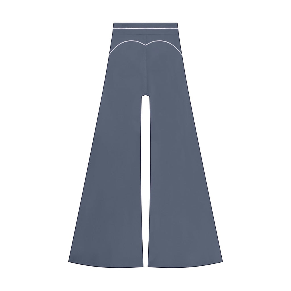 Anointed Garments high-waisted wide-leg trousers in slate blue with white contrast piping detail on the back.