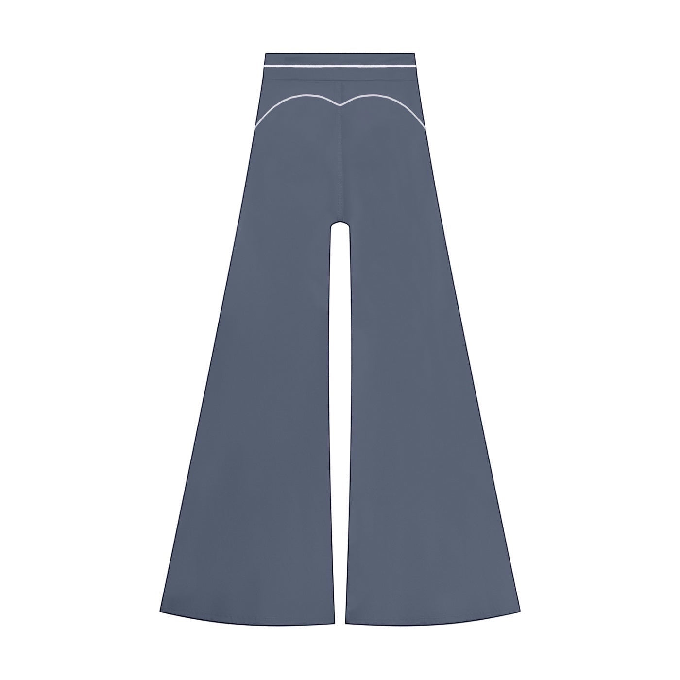 Anointed Garments high-waisted wide-leg trousers in slate blue with white contrast piping detail on the back.