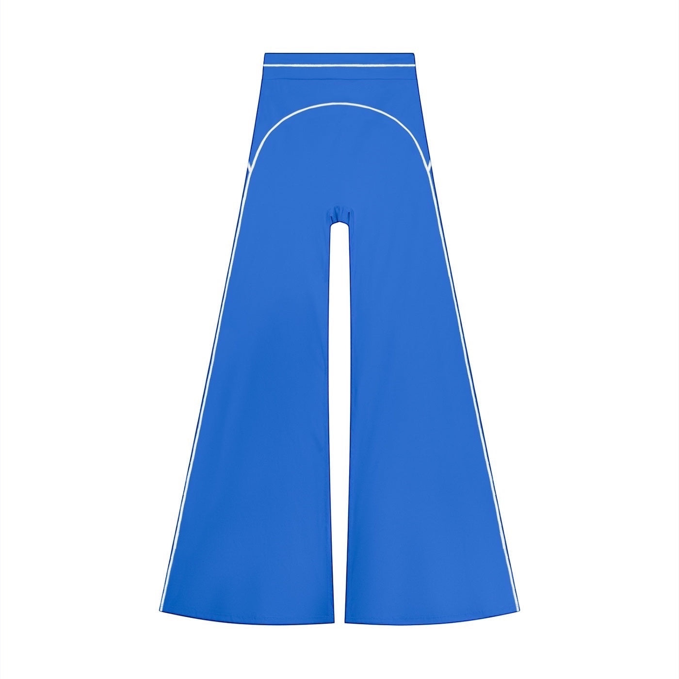 Anointed Garments high-waisted wide-leg trousers in vibrant blue with white contrast piping details.