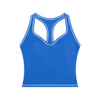 Anointed Garments blue yoga tank top with white topstitching, U-neck, and racerback design in polyamide elastane.
