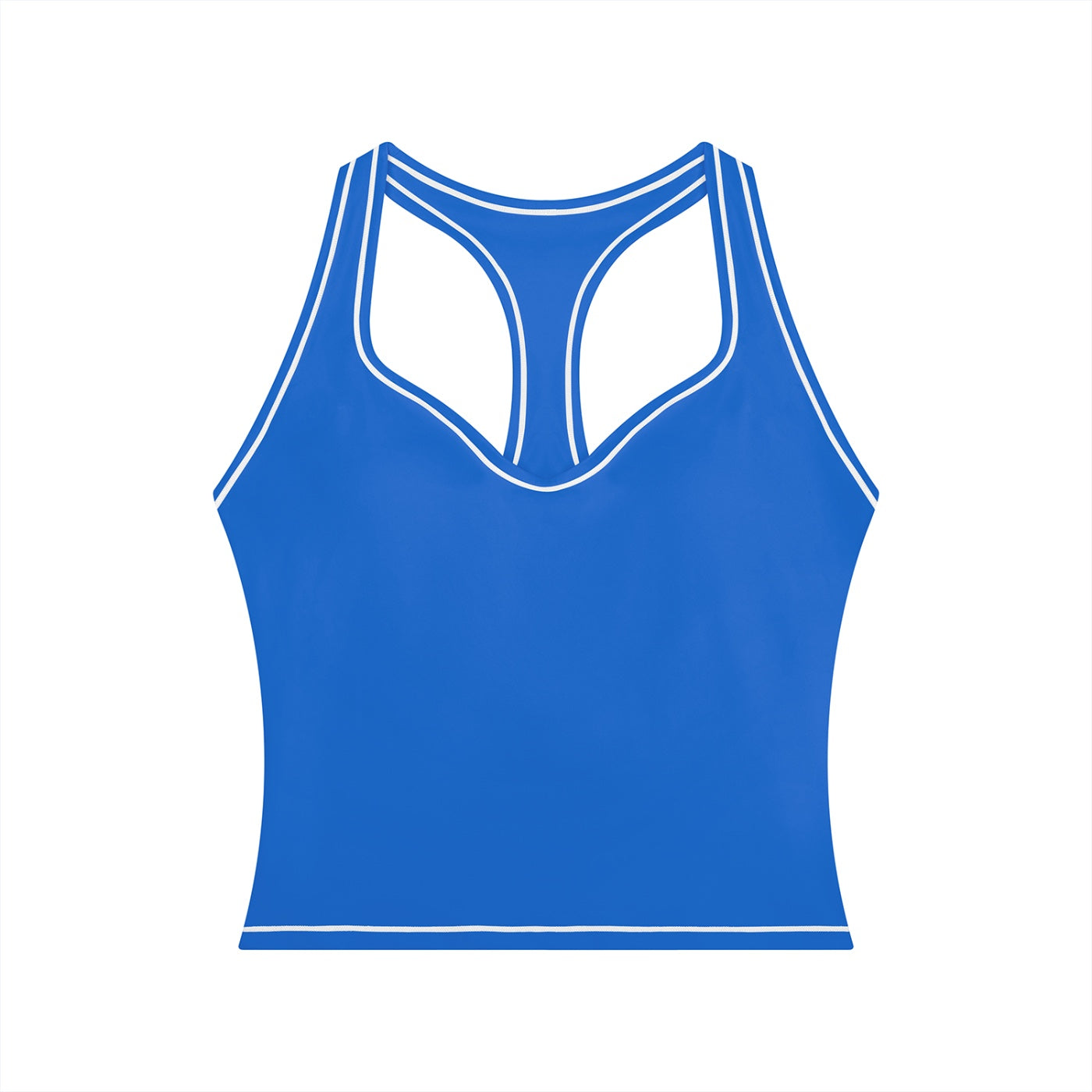 Anointed Garments blue yoga tank top with white topstitching, U-neck, and racerback design in polyamide elastane.