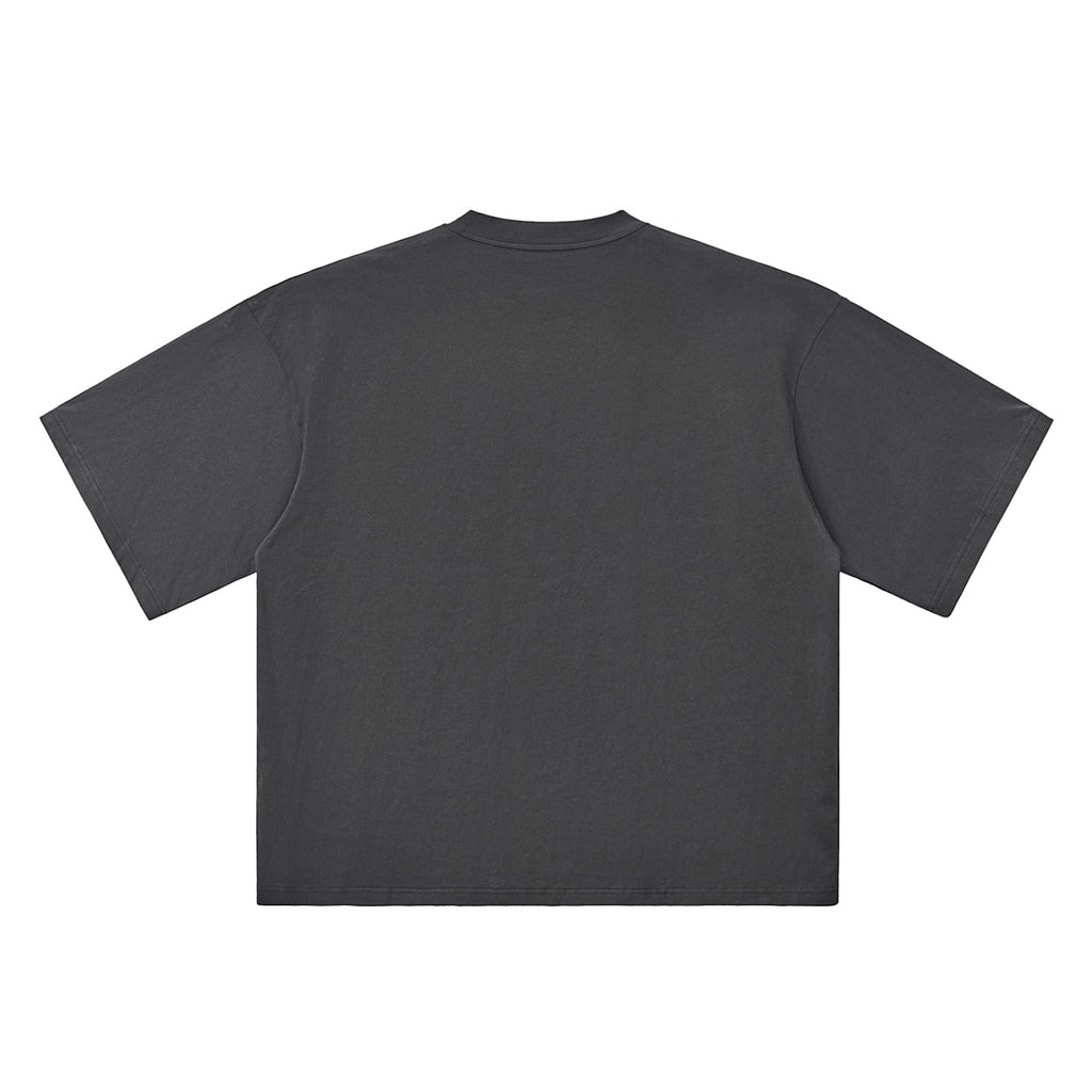 Back view of Anointed Garments Essential boxy fit crewneck t-shirt in charcoal grey heavyweight cotton