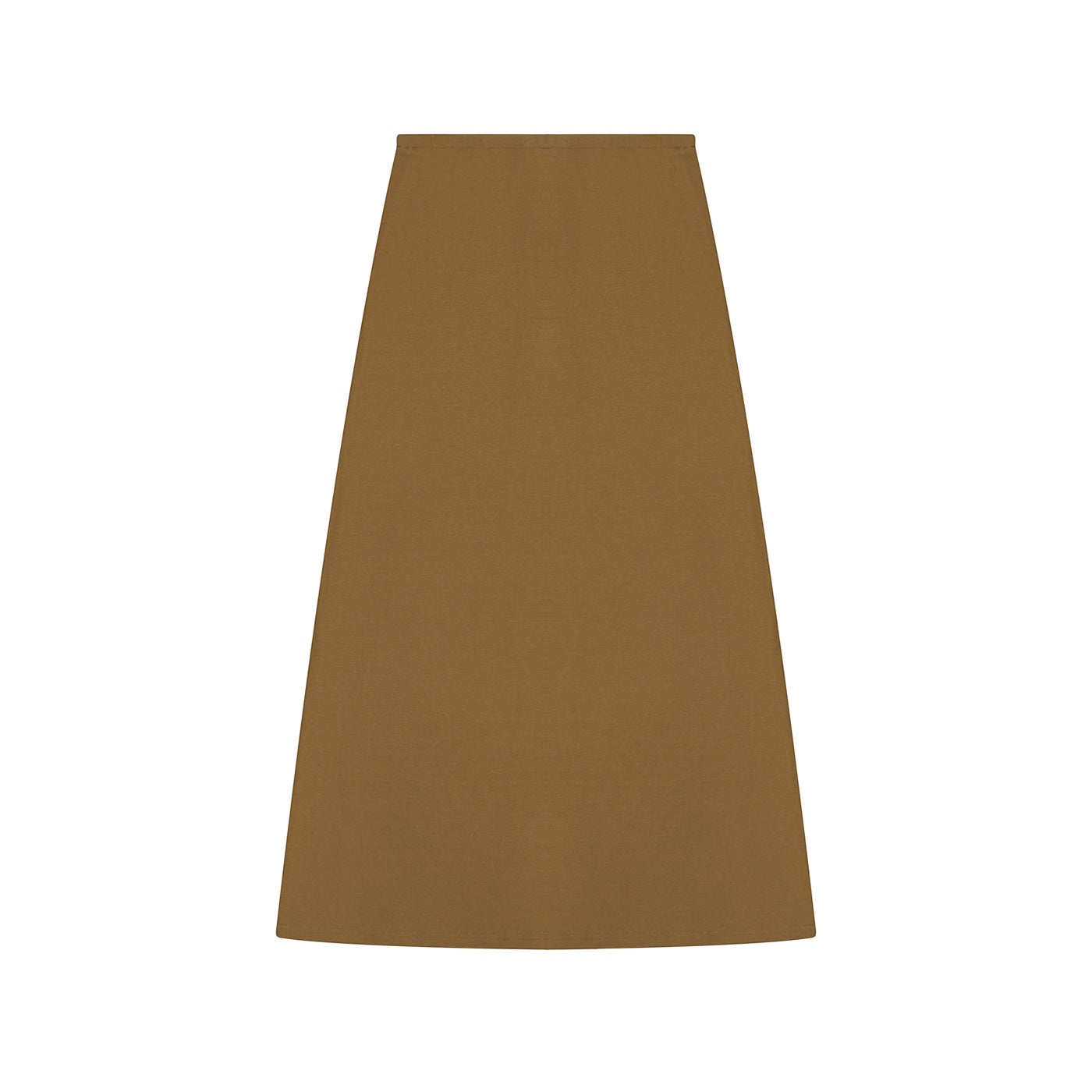 Anointed Garments Essential A-Line midi skirt in a solid brown rayon-spandex blend with a minimalist silhouette.