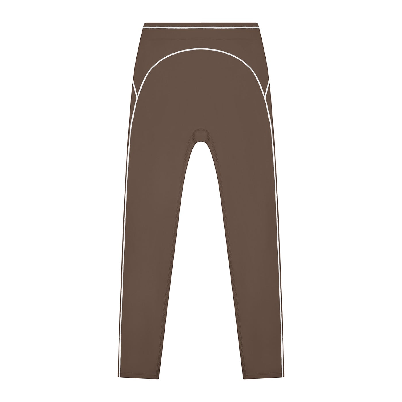 Anointed Garments brown high-waisted athletic leggings with white contrast piping for gym and yoga workouts.