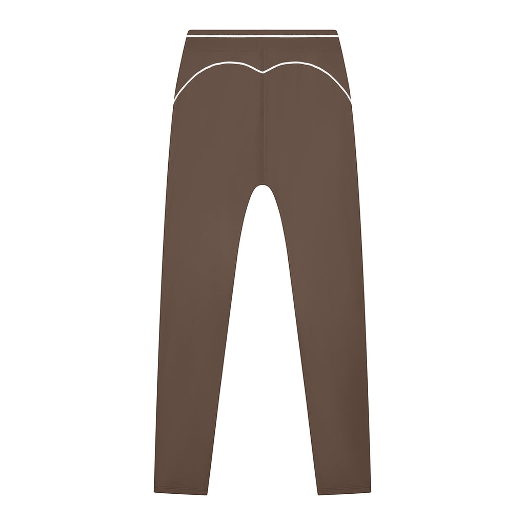 Anointed Garments brown high-waisted athletic leggings with white contrast piping detail on the back