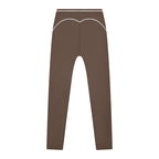 Anointed Garments brown high-waisted athletic leggings with white contrast piping detail on the back