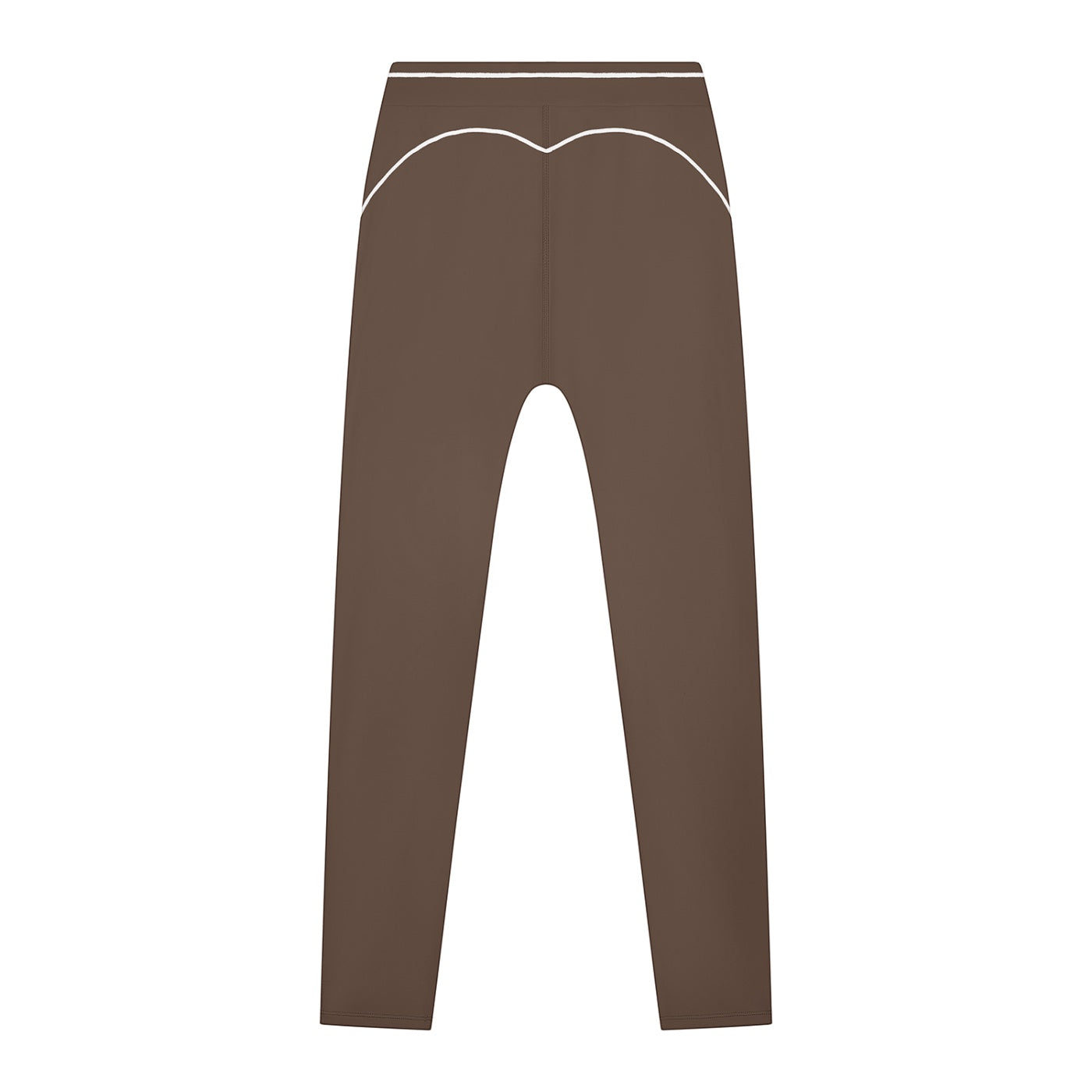 Anointed Garments brown high-waisted athletic leggings with white contrast piping detail on the back