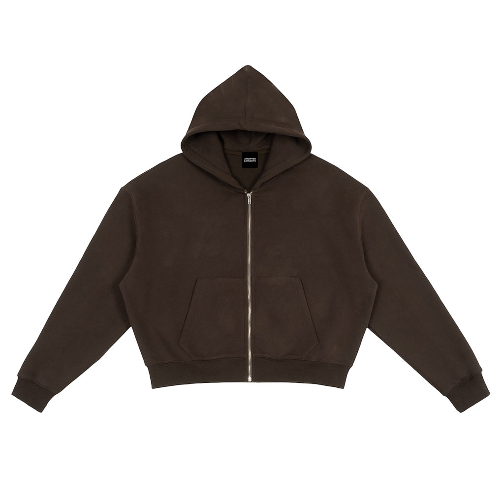 Anointed Garments brown boxy zip-up hoodie with a thick fleece cotton blend fabric and drop shoulder design.
