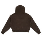 Back view of Anointed Garments Essential Full Zip Hoodie in dark brown with a cropped, boxy fit and ribbed hem.