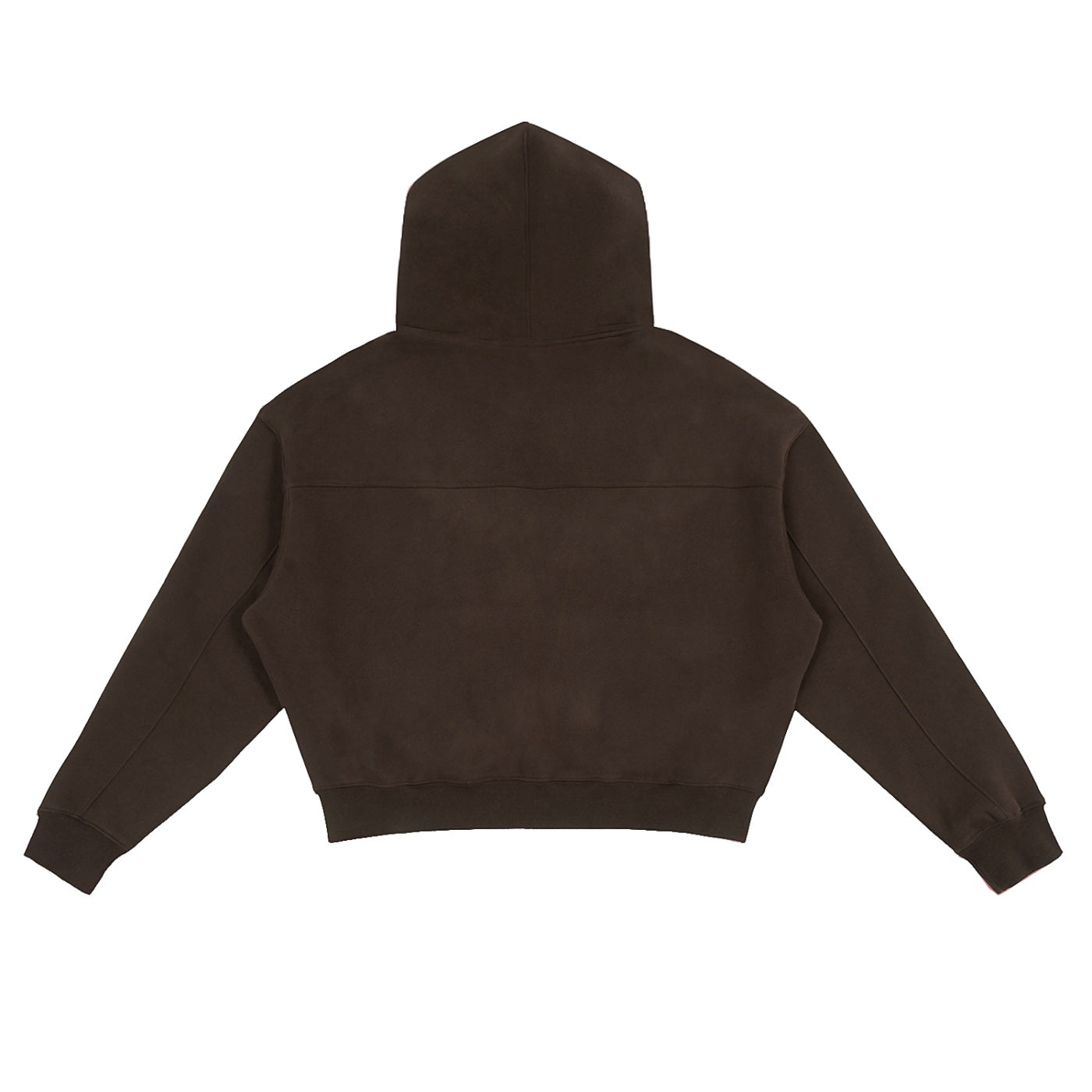 Back view of Anointed Garments Essential Full Zip Hoodie in dark brown with a cropped, boxy fit and ribbed hem.