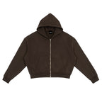 Anointed Garments dark brown heavyweight cotton blend full zip hoodie with a cropped boxy fit and metal zipper.