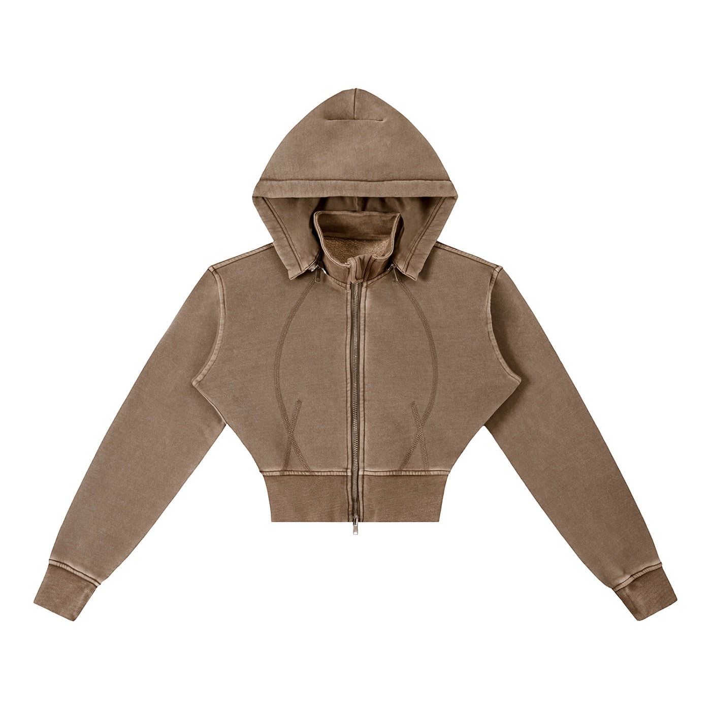 Anointed Garments cropped zip-up hoodie in vintage-washed brown with structured paneling and a generous hood.