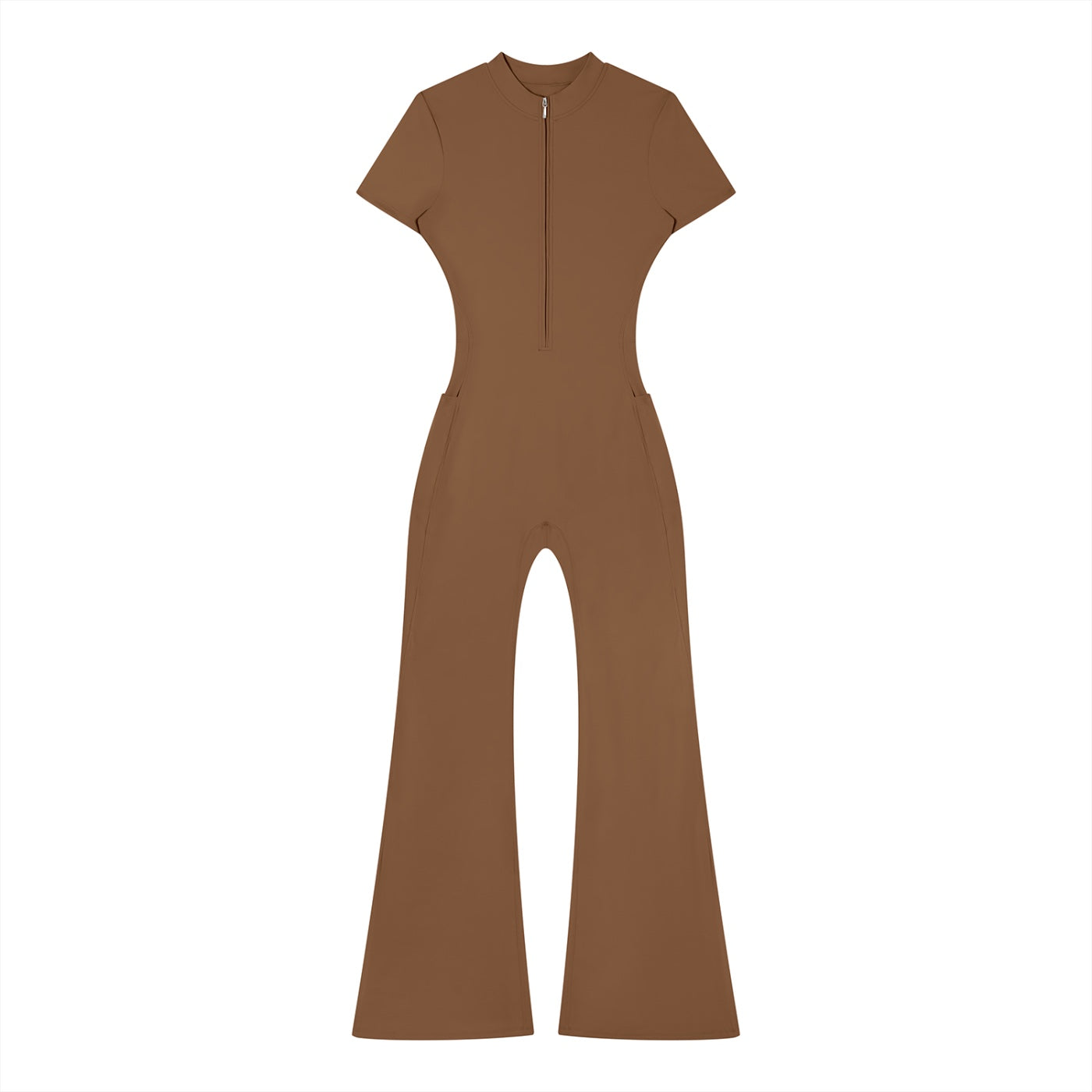 Anointed Garments brown short sleeve jumpsuit with a mock neck, front zipper, and flared legs in stretch fabric.