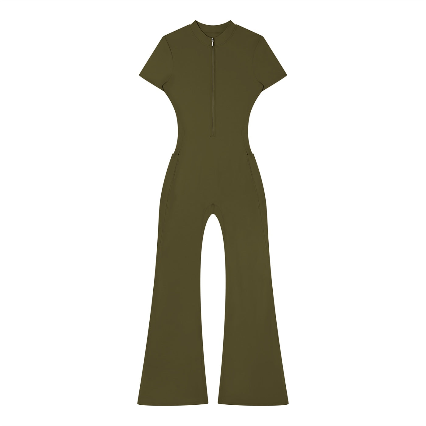 Anointed Garments brown short sleeve zip front jumpsuit with a mock neck and flared legs in high-stretch nylon fabric.