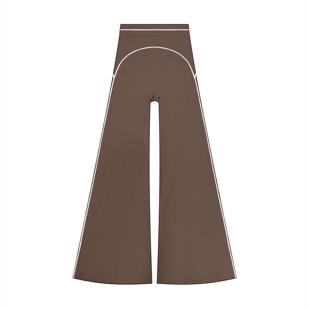Anointed Garments women's high-rise flared yoga pants in brown with white piping detail.