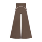 Anointed Garments women's high-rise flared yoga pants in brown with white piping detail.