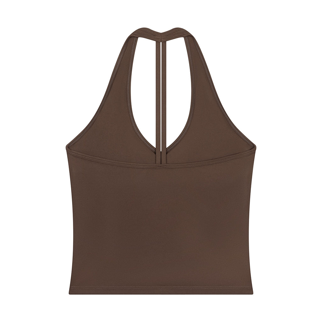 Anointed Garments brown sleeveless halter neck tank top in a soft-touch nylon spandex blend with a cropped fit.
