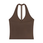 Anointed Garments brown sleeveless halter neck tank top in a soft-touch nylon spandex blend with a cropped fit.