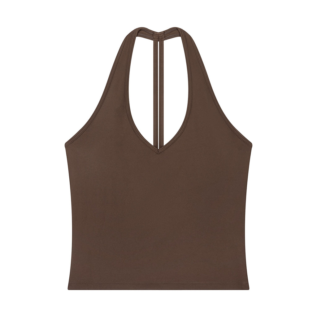 Anointed Garments brown sleeveless halter neck tank top in a soft nylon spandex blend with a form-fitting silhouette.