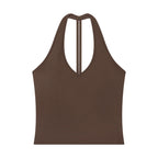 Anointed Garments brown sleeveless halter neck tank top in a soft nylon spandex blend with a form-fitting silhouette.