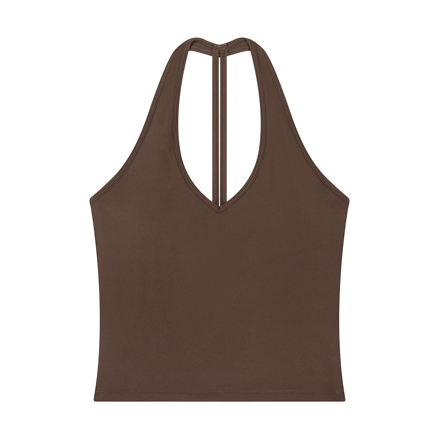 Anointed Garments brown halter V-neck yoga tank top in a sleeveless bodycon crop style made from nylon and spandex.