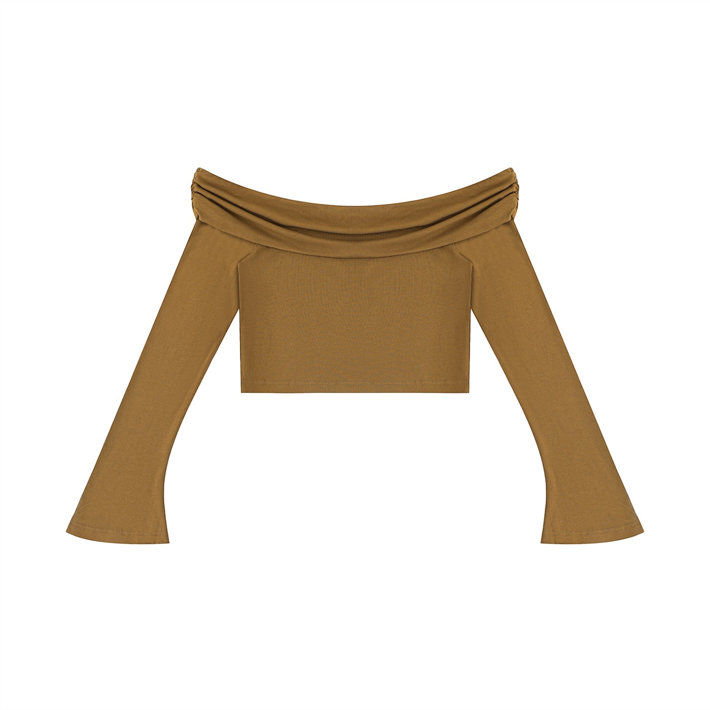Anointed Garments brown off-the-shoulder long sleeve crop top with flared cuffs and ruched neckline in soft rayon blend.
