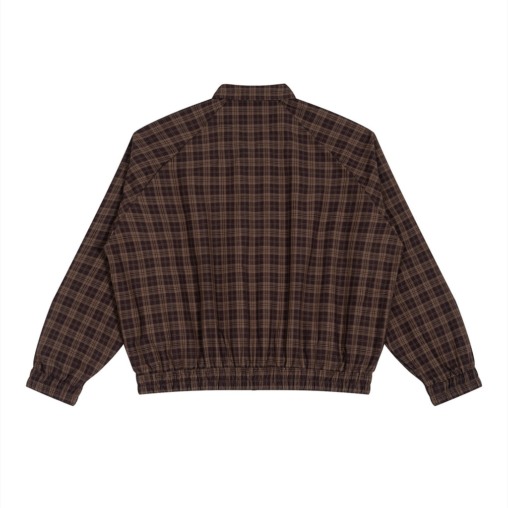 Back view of Anointed Garments brown plaid zip-up jacket with raglan sleeves and elasticized hem and cuffs.