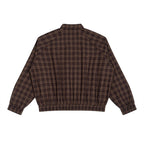 Back view of Anointed Garments brown plaid zip-up jacket with raglan sleeves and elasticized hem and cuffs.