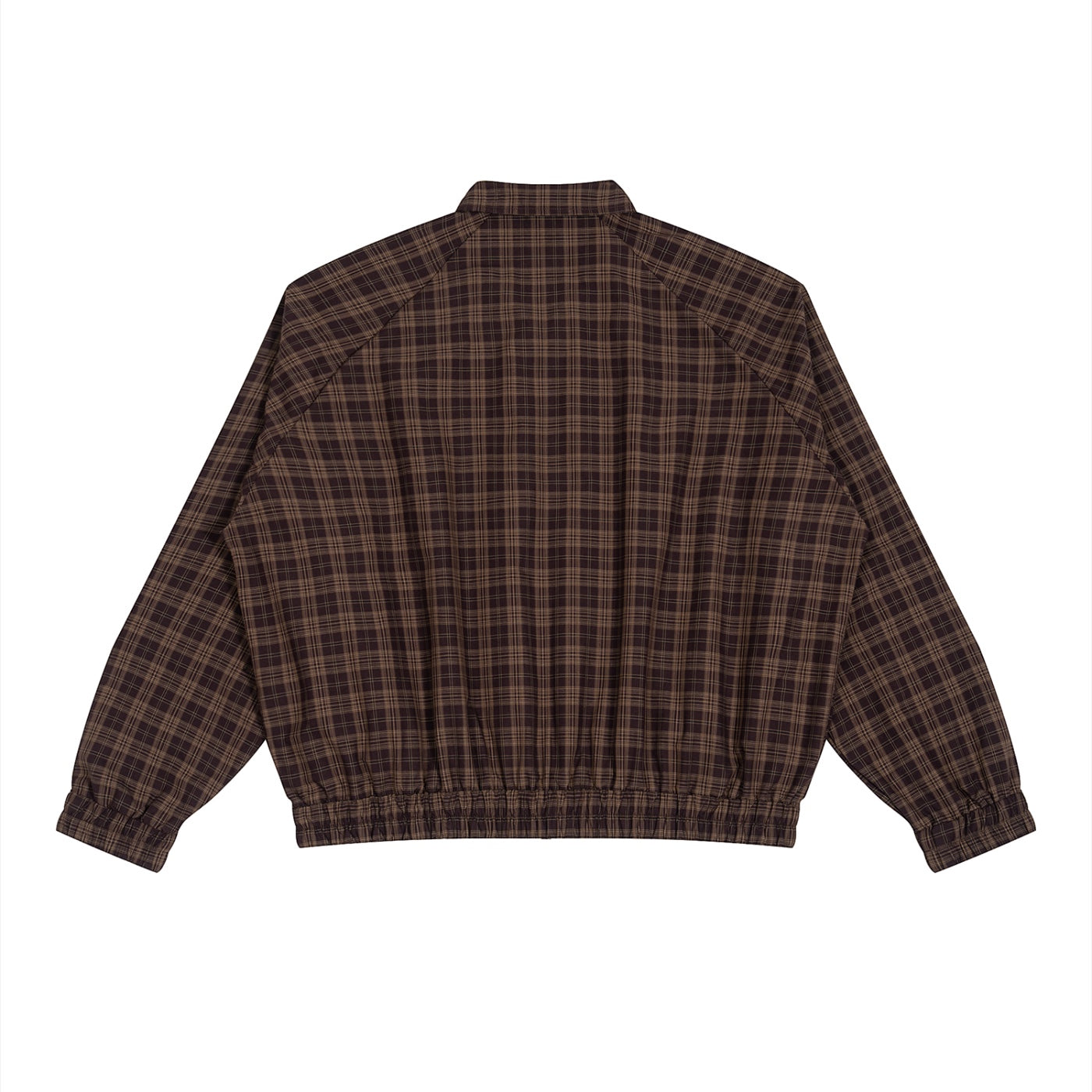 Back view of Anointed Garments brown plaid zip-up jacket with raglan sleeves and elasticized hem and cuffs.