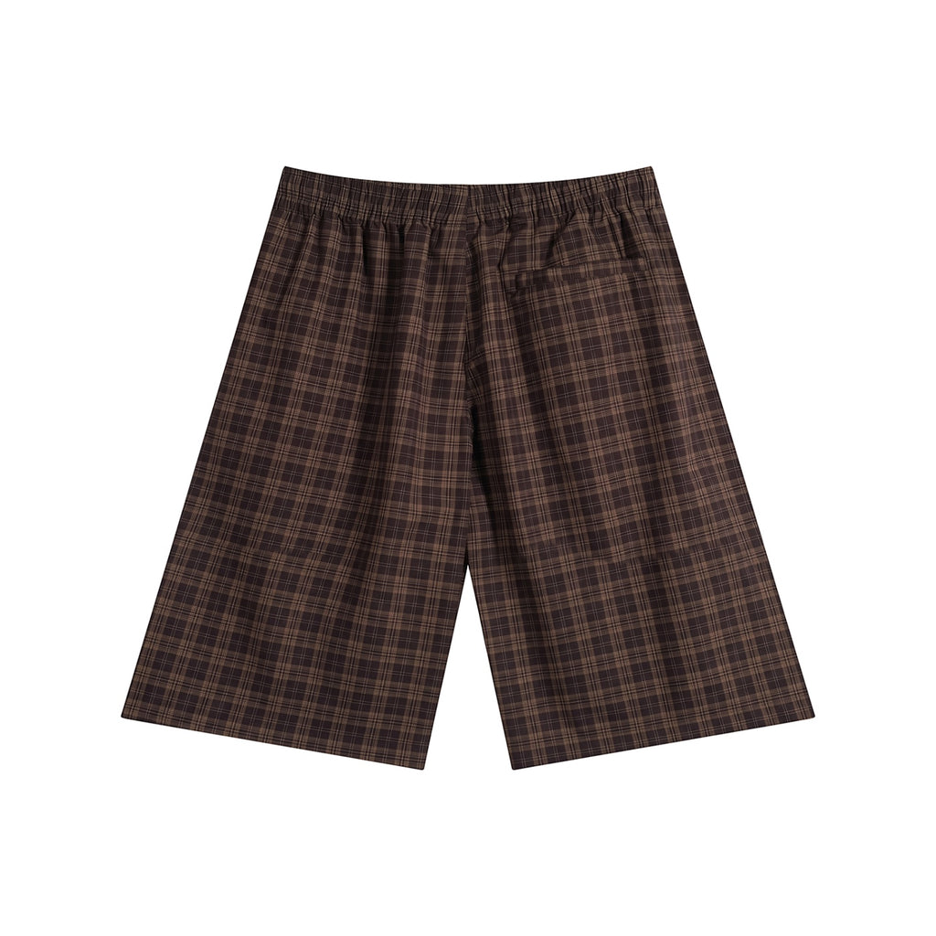 Anointed Garments unisex brown plaid casual shorts with an elastic waistband and back pocket, back view.