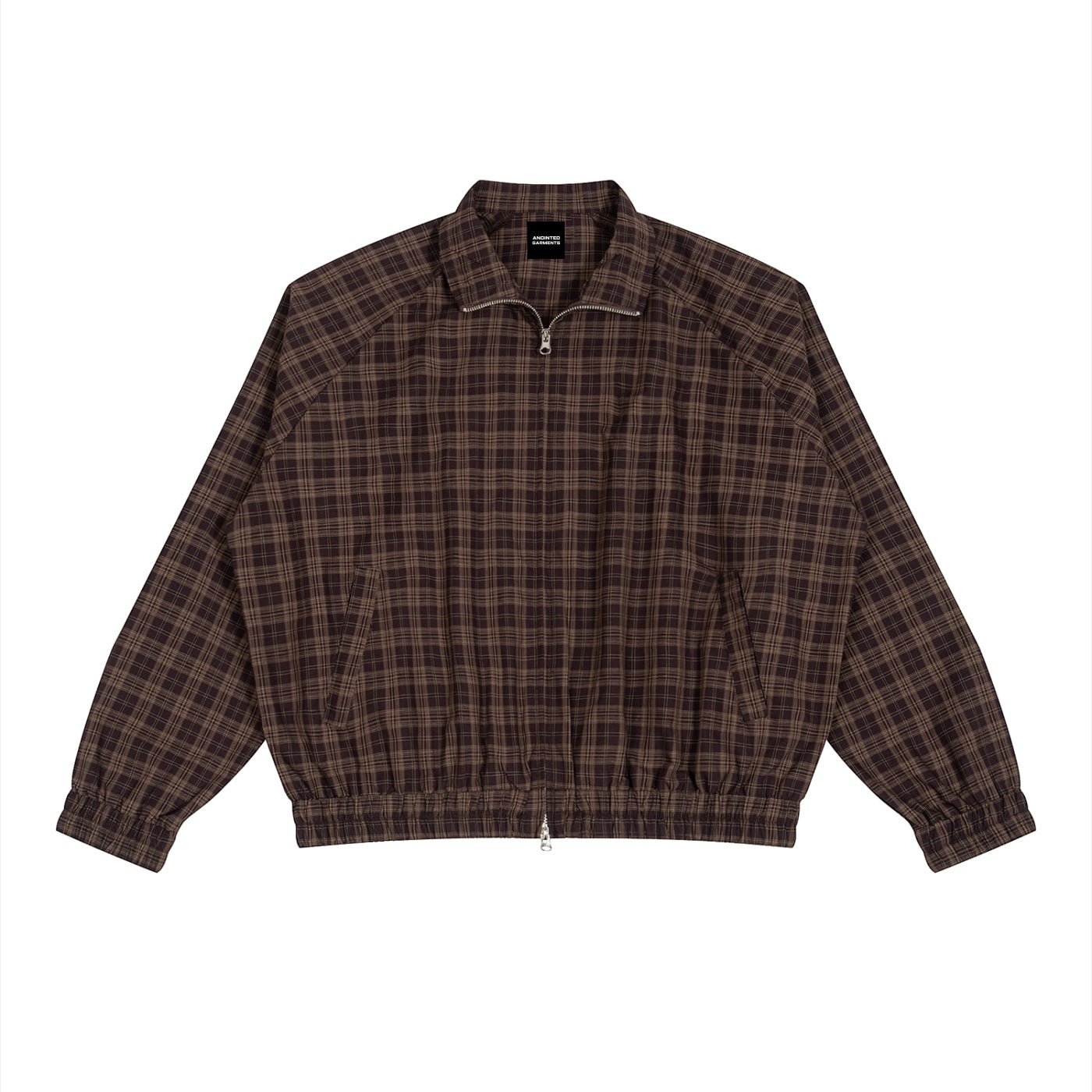 Anointed Garments unisex brown plaid full-zip track jacket with a stand collar and raglan sleeves in a casual style.
