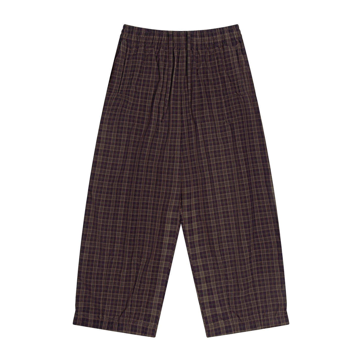 Anointed Garments unisex brown plaid wide leg pants with a comfortable elastic waistband in a casual cotton blend.